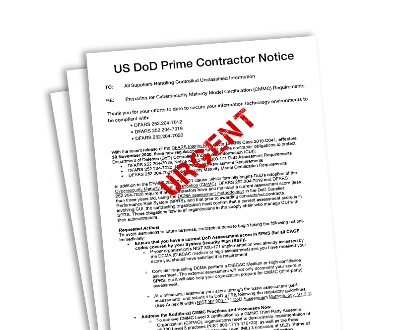 Graphic of sample letters received by DIBs (Defense Industrial Base) companies., inquiring about compliance status with DFARS 252.204-7012, DFARS 252.204-7020, FAR 52.204-21, and CMMC. COTS Exemption Case Study #2