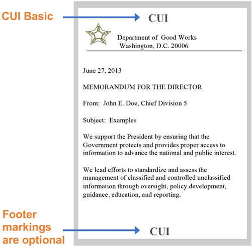 Graphic image of an example of correct CUI marking / CUI labels.  KLC Consulting is a cleared C3PAO candidate company who provides CMMC compliance consulting services.
